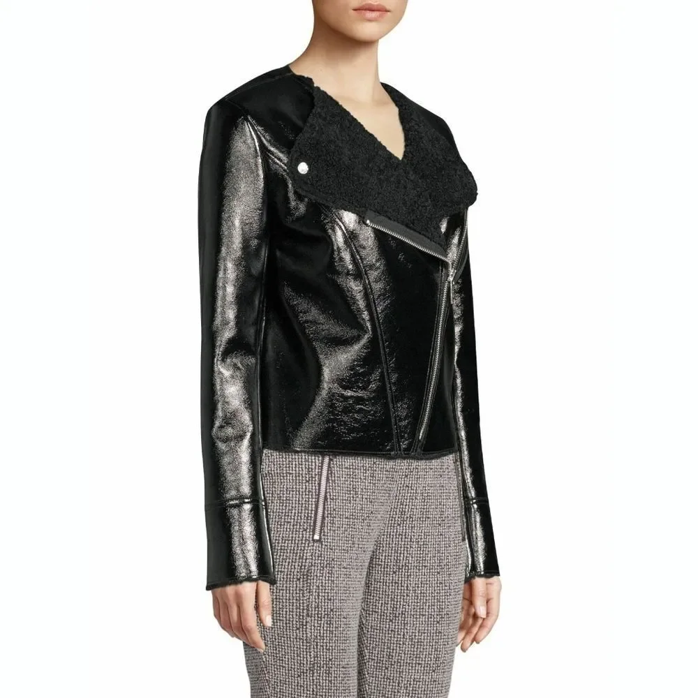 New! MICHAEL KORS Faux Leather Black Biker Jacket Size XS Faux Shearling Collar